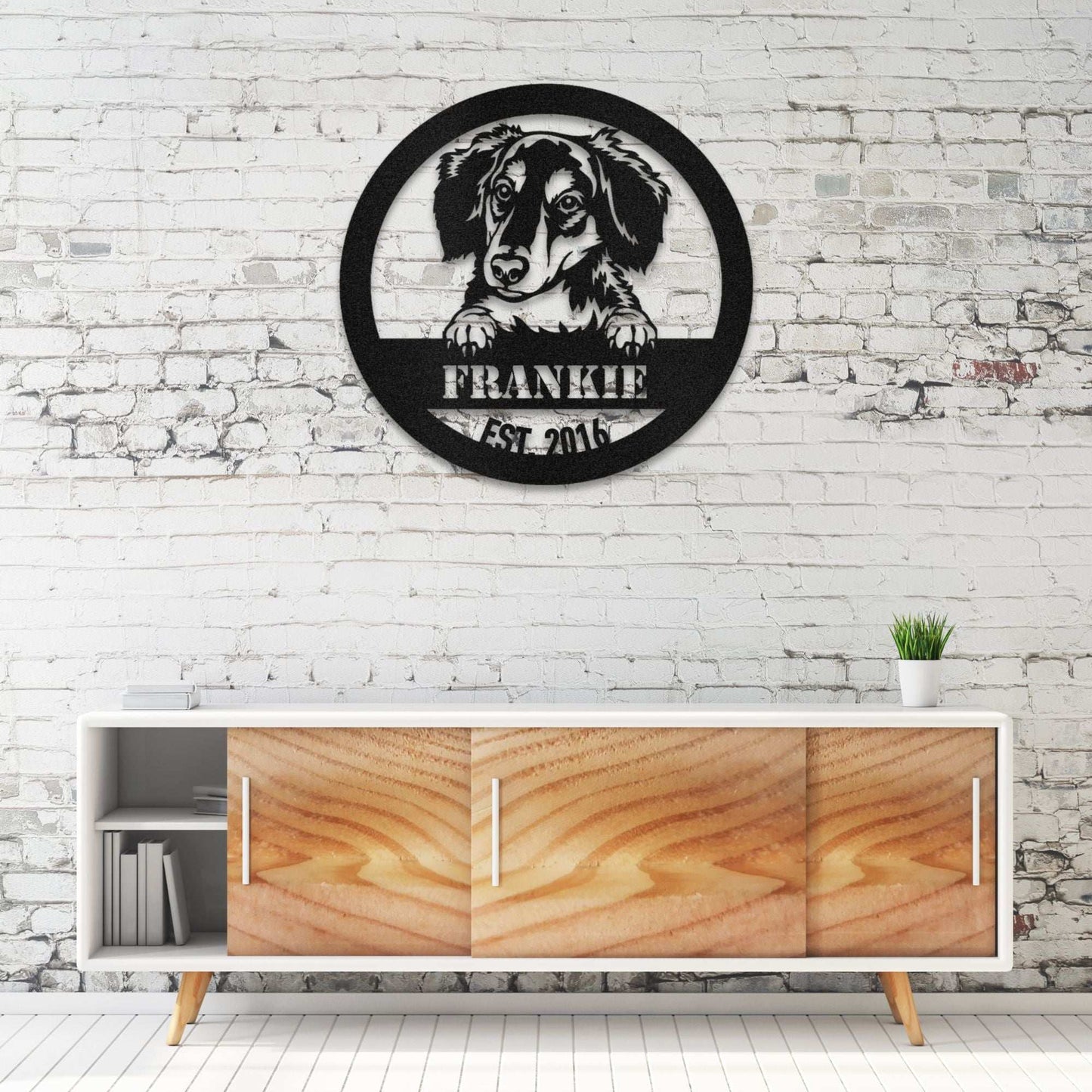 Personalized Long-Haired Dachshund Metal Wall Art – Custom Dog Name Sign | Barkhaus Metal Company