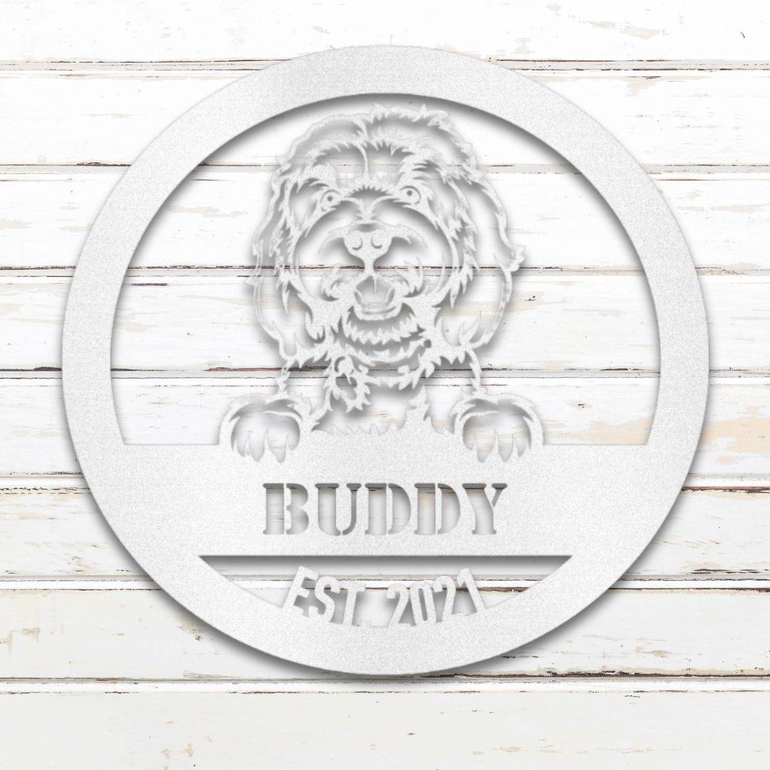 Personalized Doodle Metal Wall Art – Custom Dog Name Sign White | Barkhaus Metal Company