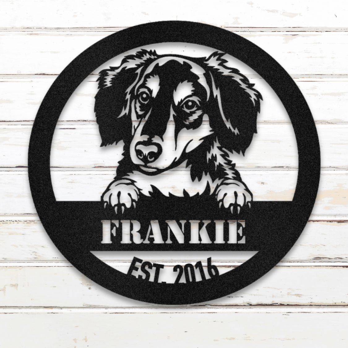 Personalized Long-Haired Dachshund Metal Wall Art – Custom Dog Name Sign Black | Barkhaus Metal Company