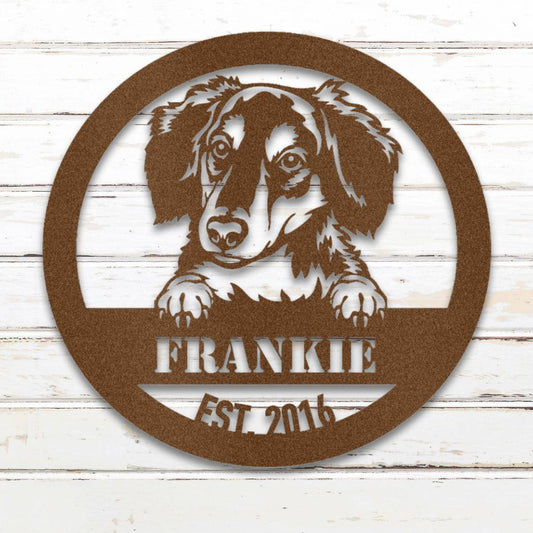 Personalized Long-Haired Dachshund Metal Wall Art – Custom Dog Name Sign Copper | Barkhaus Metal Company