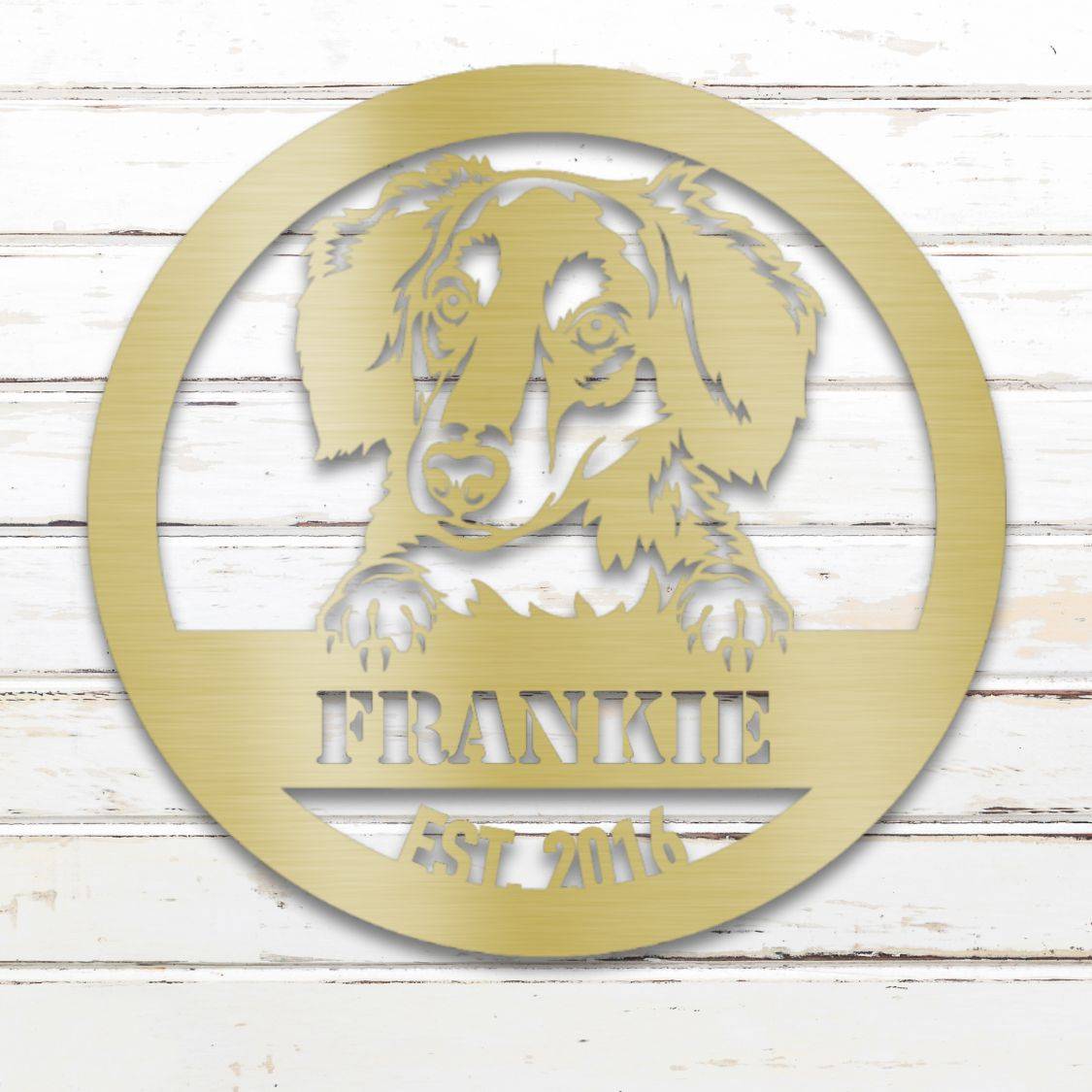 Personalized Long-Haired Dachshund Metal Wall Art – Custom Dog Name Sign Gold | Barkhaus Metal Company