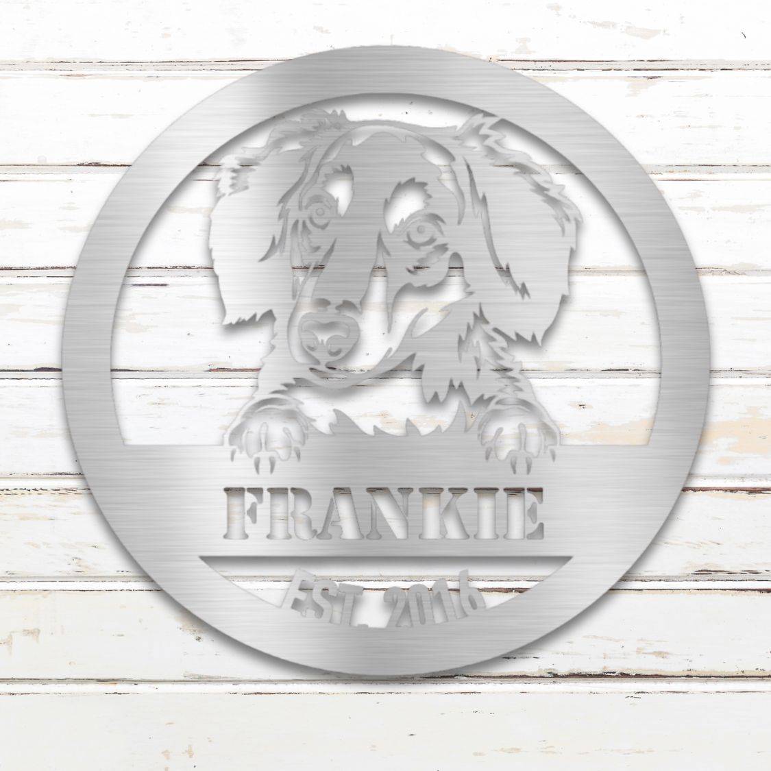 Personalized Long-Haired Dachshund Metal Wall Art – Custom Dog Name Sign Silver | Barkhaus Metal Company