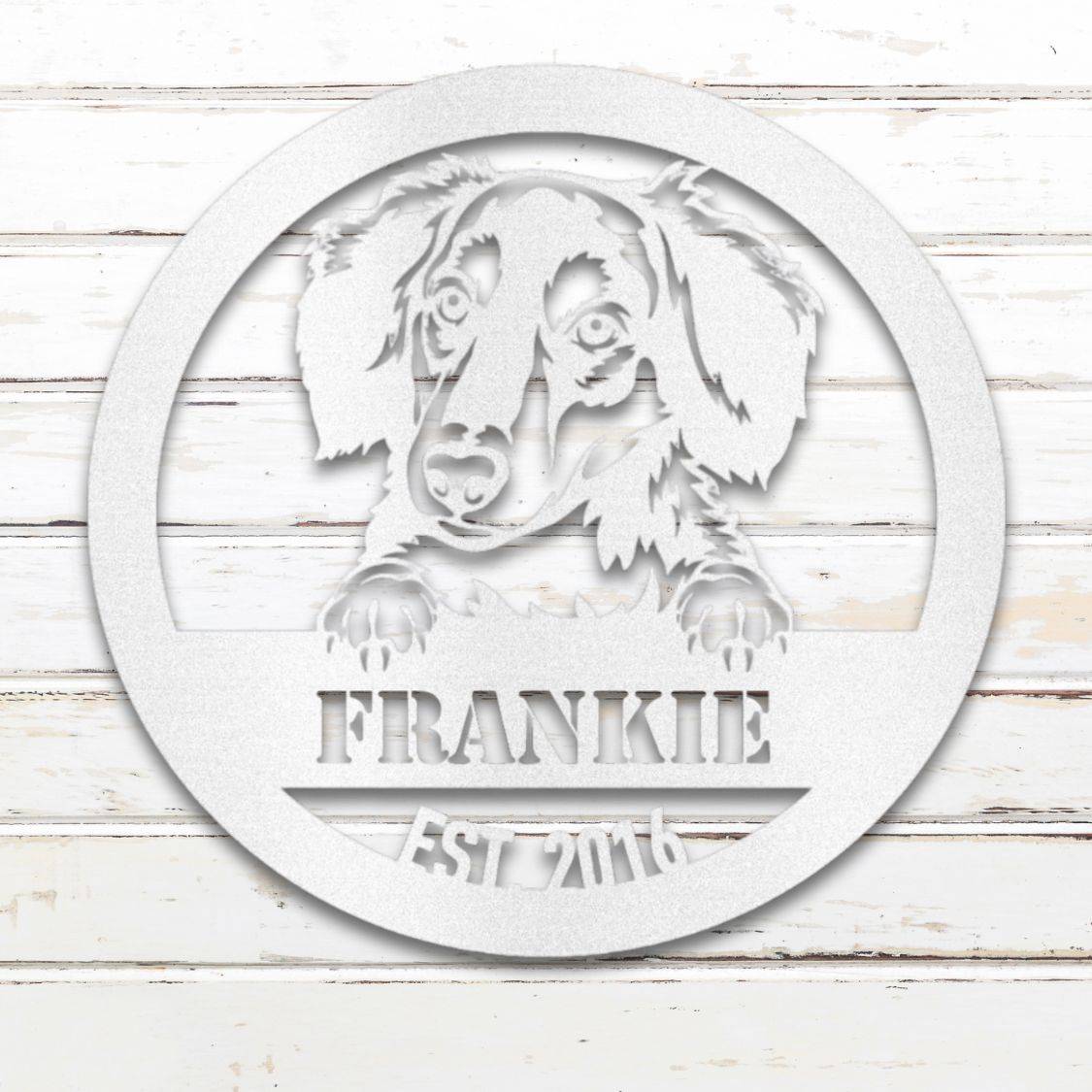 Personalized Long-Haired Dachshund Metal Wall Art – Custom Dog Name Sign White | Barkhaus Metal Company