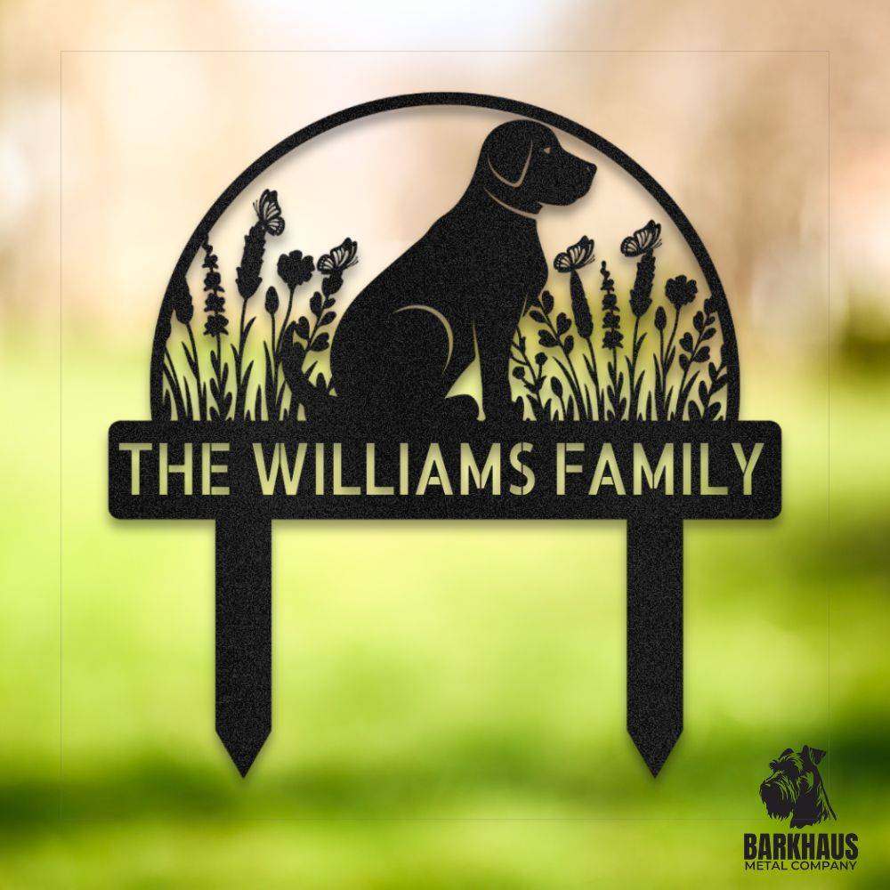 Black personalized metal yard stake with dog silhouette, custom name and year; weatherproof, rust-resistant American steel | Barkhaus Metal Co.
