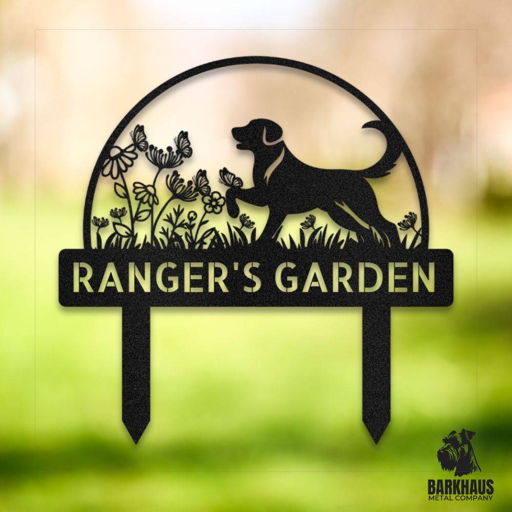 Black personalized metal yard stake Iwith elegant dog silhouette, custom name and year; weatherproof, rust-resistant American steel | Barkhaus Metal Co.