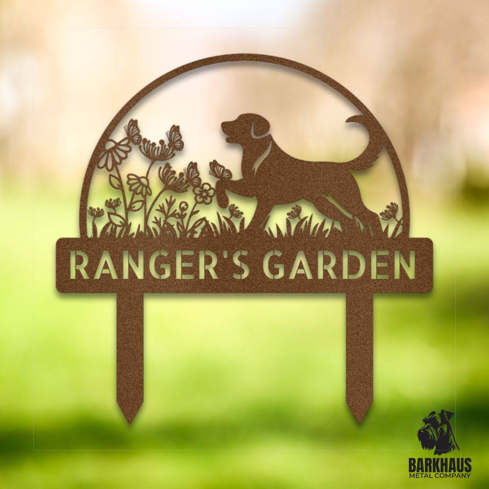 Copper personalized metal yard stake Iwith elegant dog silhouette, custom name and year; weatherproof, rust-resistant American steel | Barkhaus Metal Co.