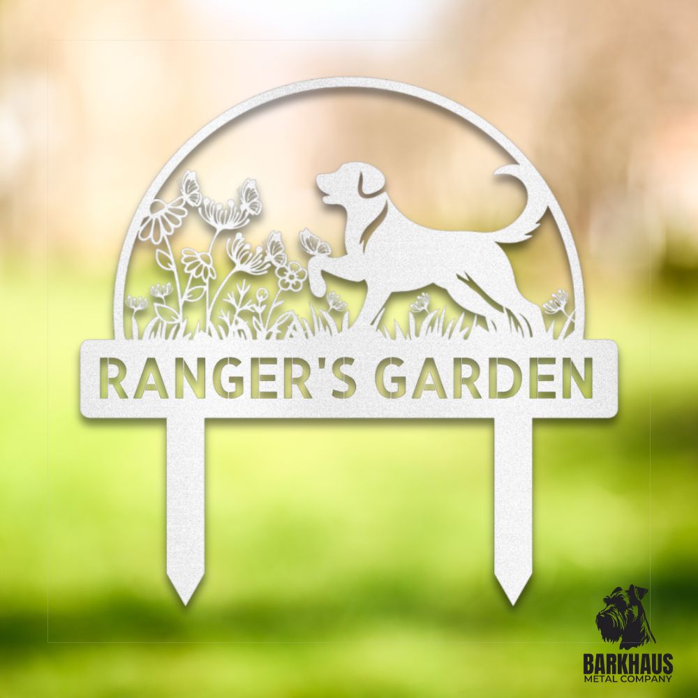White personalized metal yard stake Iwith elegant dog silhouette, custom name and year; weatherproof, rust-resistant American steel | Barkhaus Metal Co.