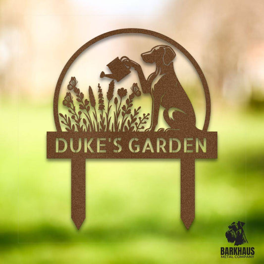 Copper personalized metal yard stake IV with bold dog silhouette, custom name and year; weatherproof, rust-resistant American steel | Barkhaus Metal Co.