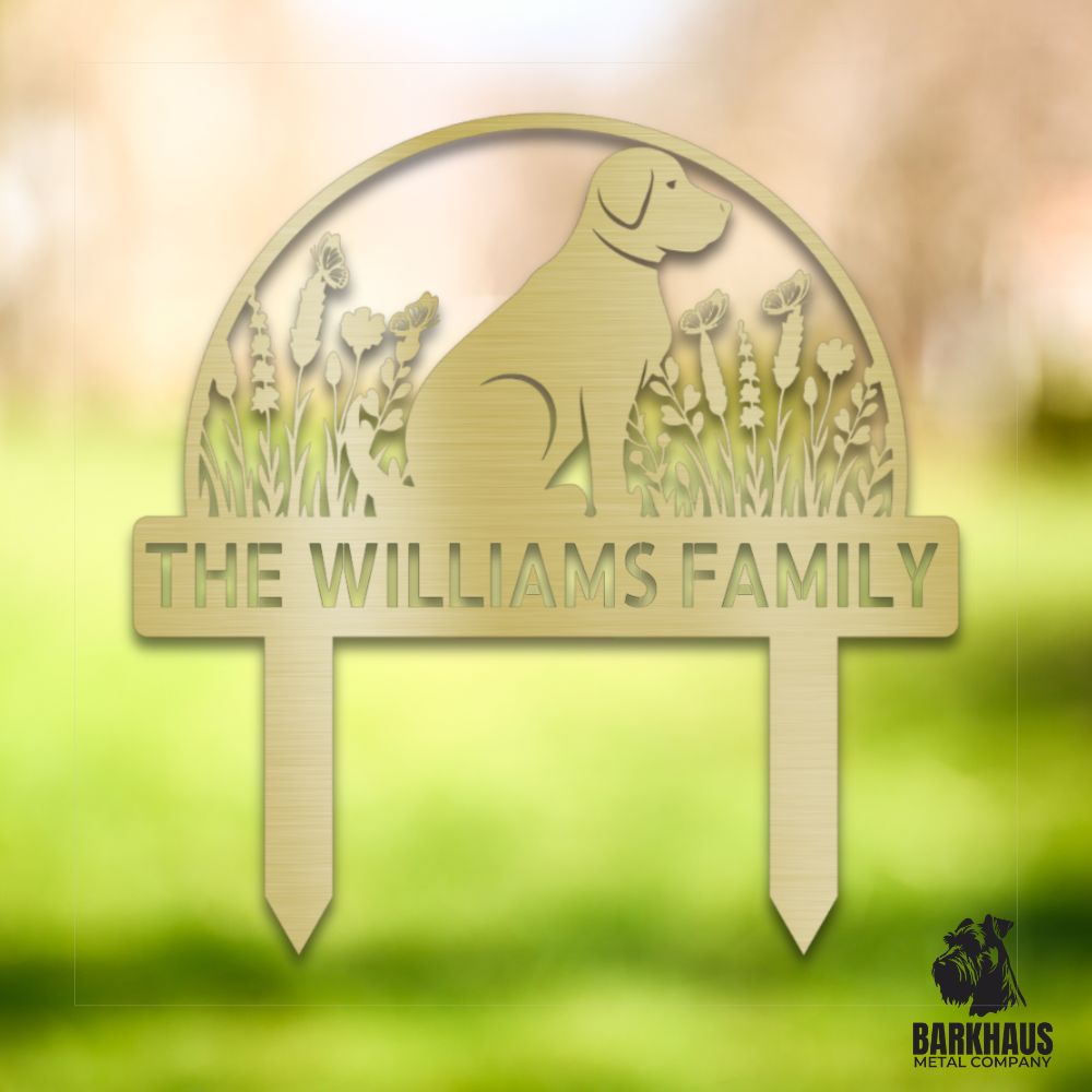 Gold personalized metal yard stake with dog silhouette, custom name and year; weatherproof, rust-resistant American steel | Barkhaus Metal Co.