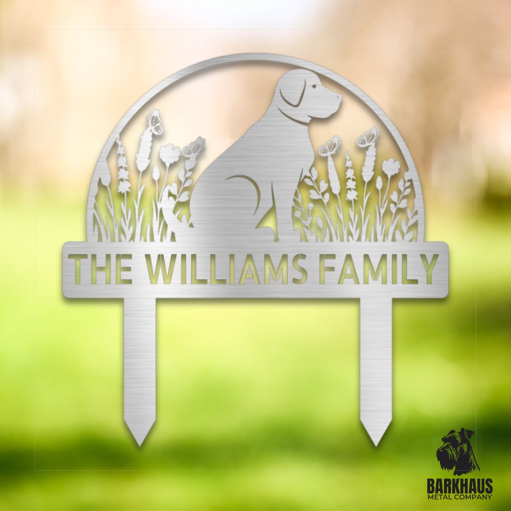 Silver personalized metal yard stake with dog silhouette, custom name and year; weatherproof, rust-resistant American steel | Barkhaus Metal Co.