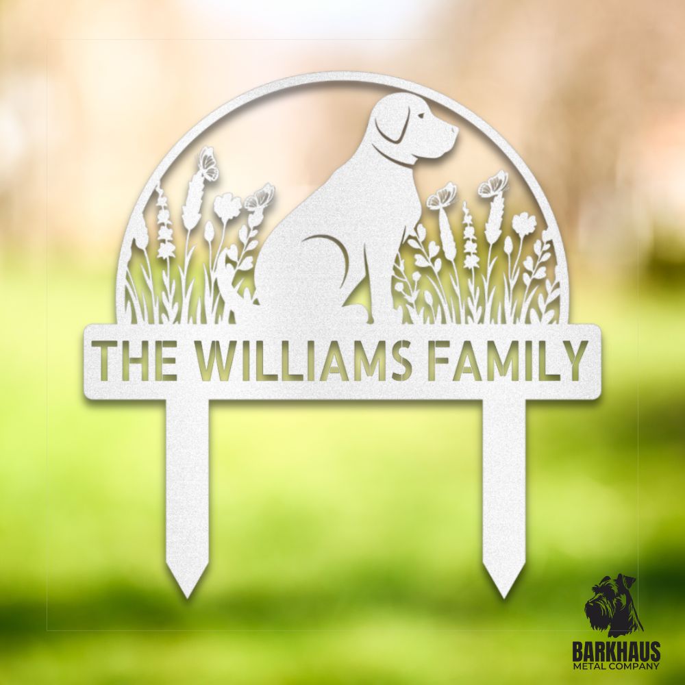 White personalized metal yard stake with dog silhouette, custom name and year; weatherproof, rust-resistant American steel | Barkhaus Metal Co.