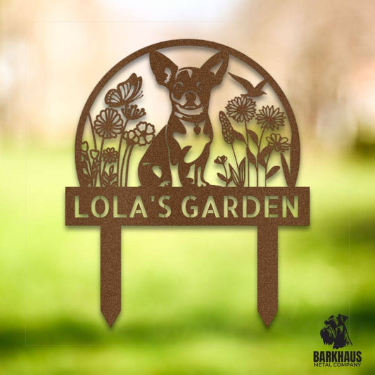 Copper personalized metal yard stake V with charming dog silhouette, custom name and year; weatherproof, rust-resistant American steel | Barkhaus Metal Co.