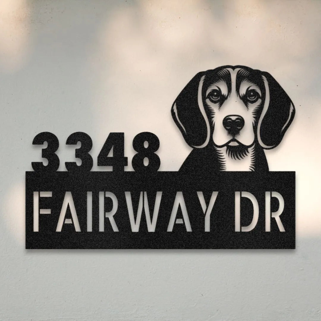 Beagle Personalized Metal House Number Sign Silhouette in Black - Custom Dog Wall Art