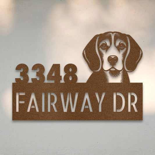 Beagle Personalized Metal House Number Sign Silhouette in Copper - Custom Dog Wall Art