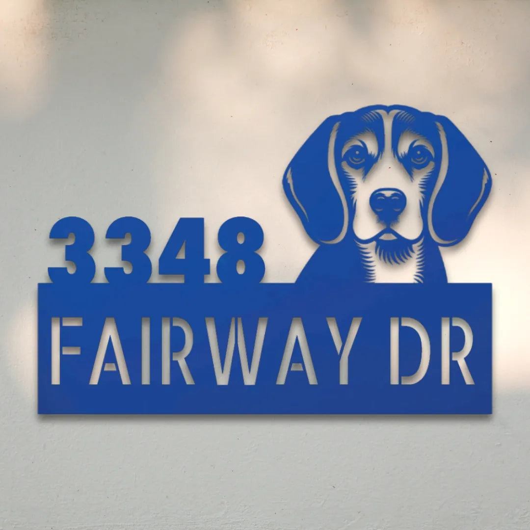 Beagle Personalized Metal House Number Sign Silhouette in Blue - Custom Dog Wall Art