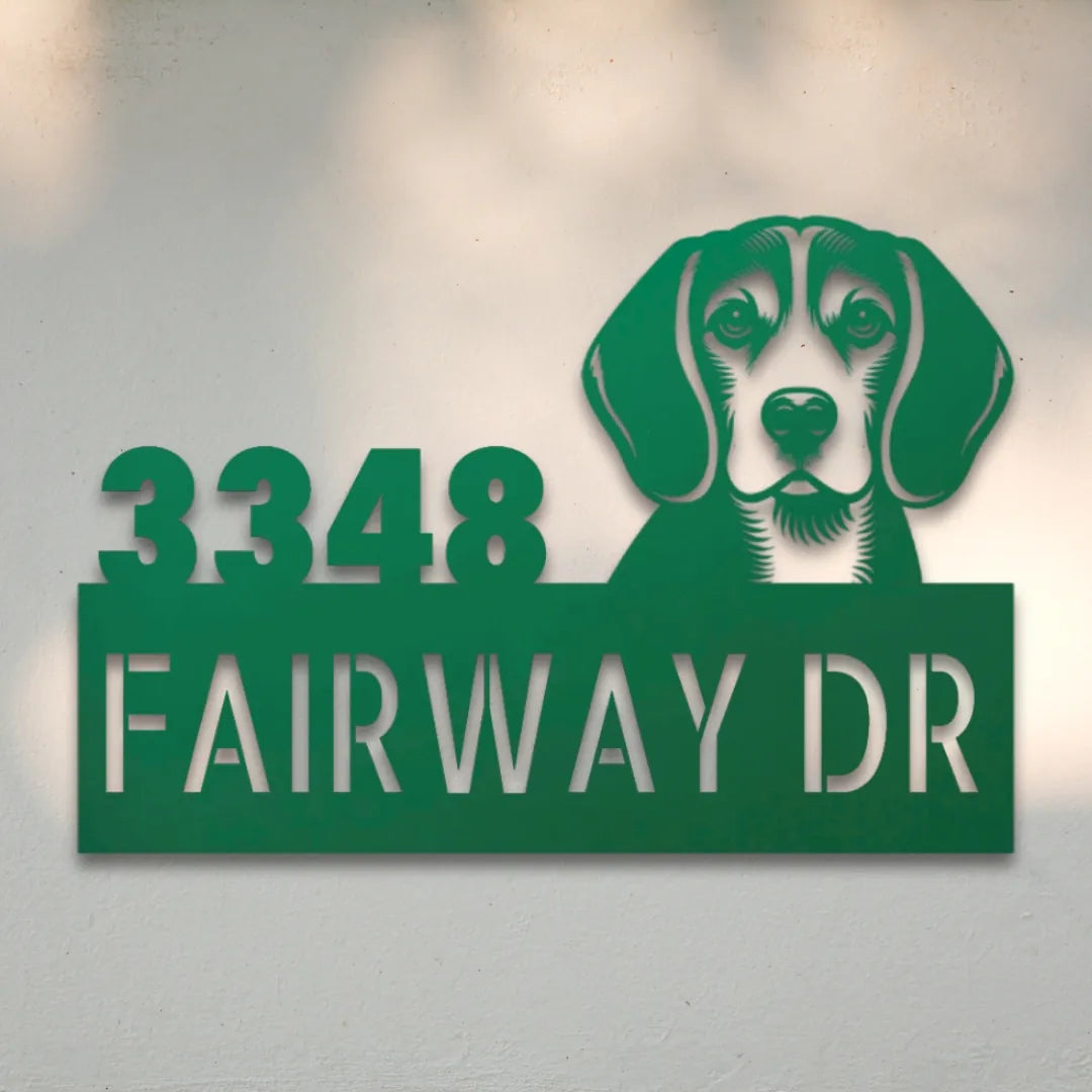 Beagle Personalized Metal House Number Sign Silhouette in Green - Custom Dog Wall Art