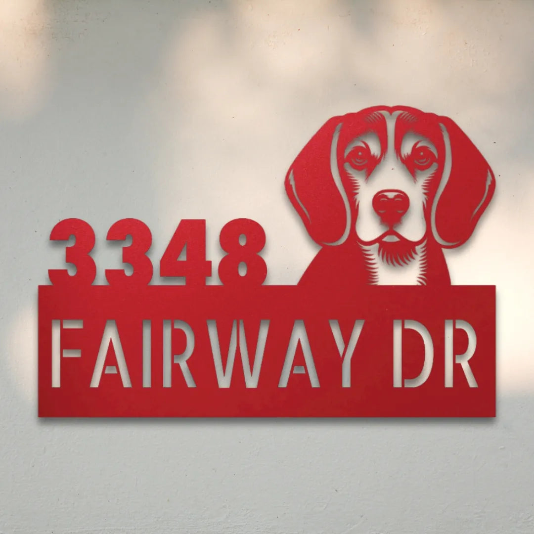 Beagle Personalized Metal House Number Sign Silhouette in Red - Custom Dog Wall Art