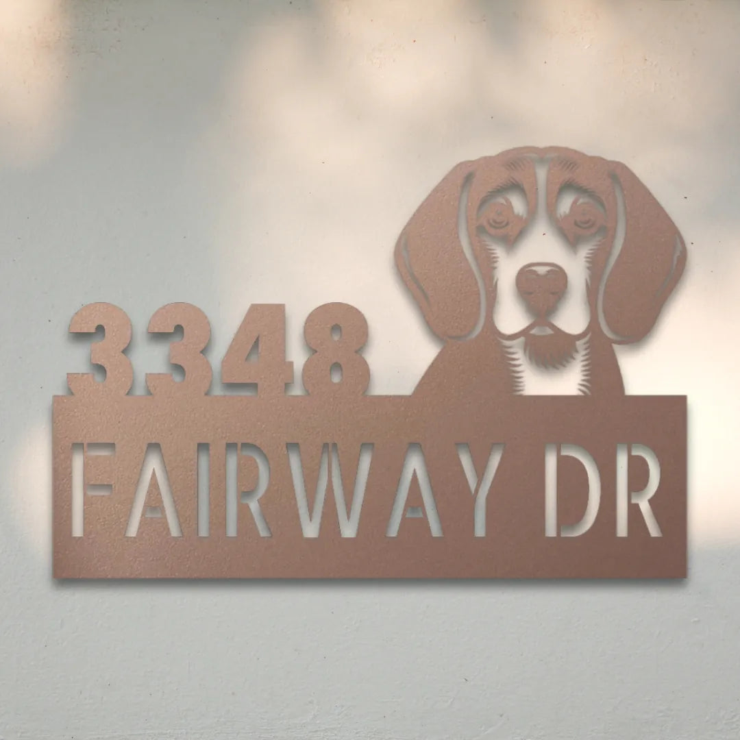 Beagle Personalized Metal House Number Sign Silhouette in Rose - Custom Dog Wall Art