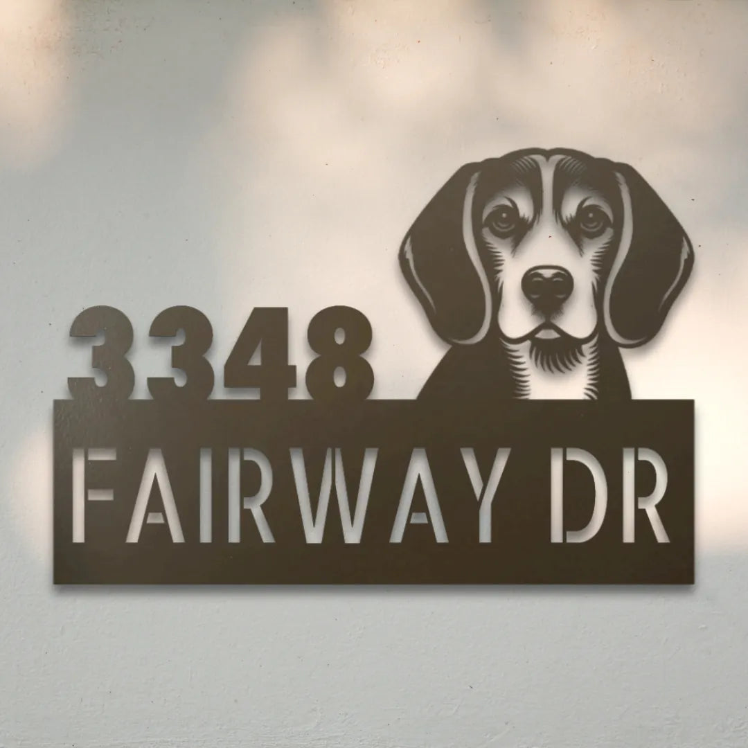 Beagle Personalized Metal House Number Sign Silhouette in Stone - Custom Dog Wall Art