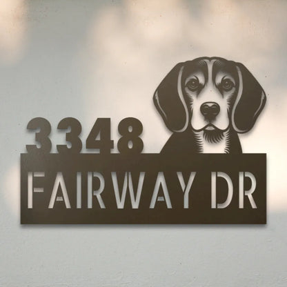 Beagle Personalized Metal House Number Sign Silhouette in Stone - Custom Dog Wall Art