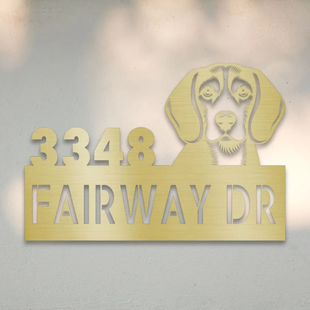 Beagle Personalized Metal House Number Sign Silhouette in Gold - Custom Dog Wall Art
