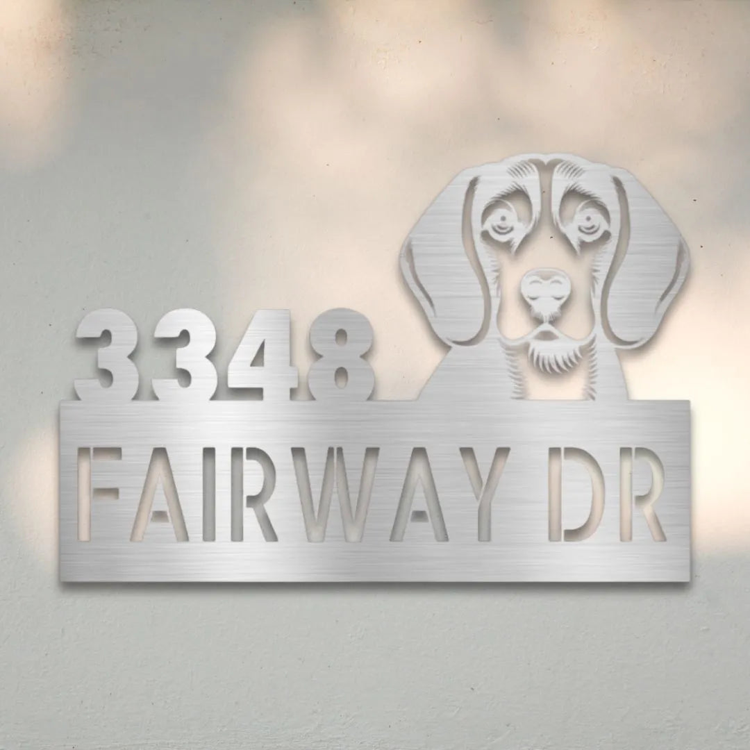 Beagle Personalized Metal House Number Sign Silhouette in Silver - Custom Dog Wall Art