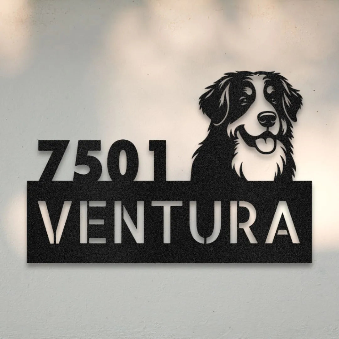 Bernese Mountain Dog Personalized Metal House Number Sign Silhouette in Black - Custom Dog Wall Art