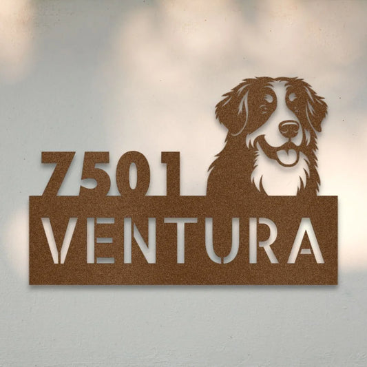 Bernese Mountain Dog Personalized Metal House Number Sign Silhouette in Copper - Custom Dog Wall Art