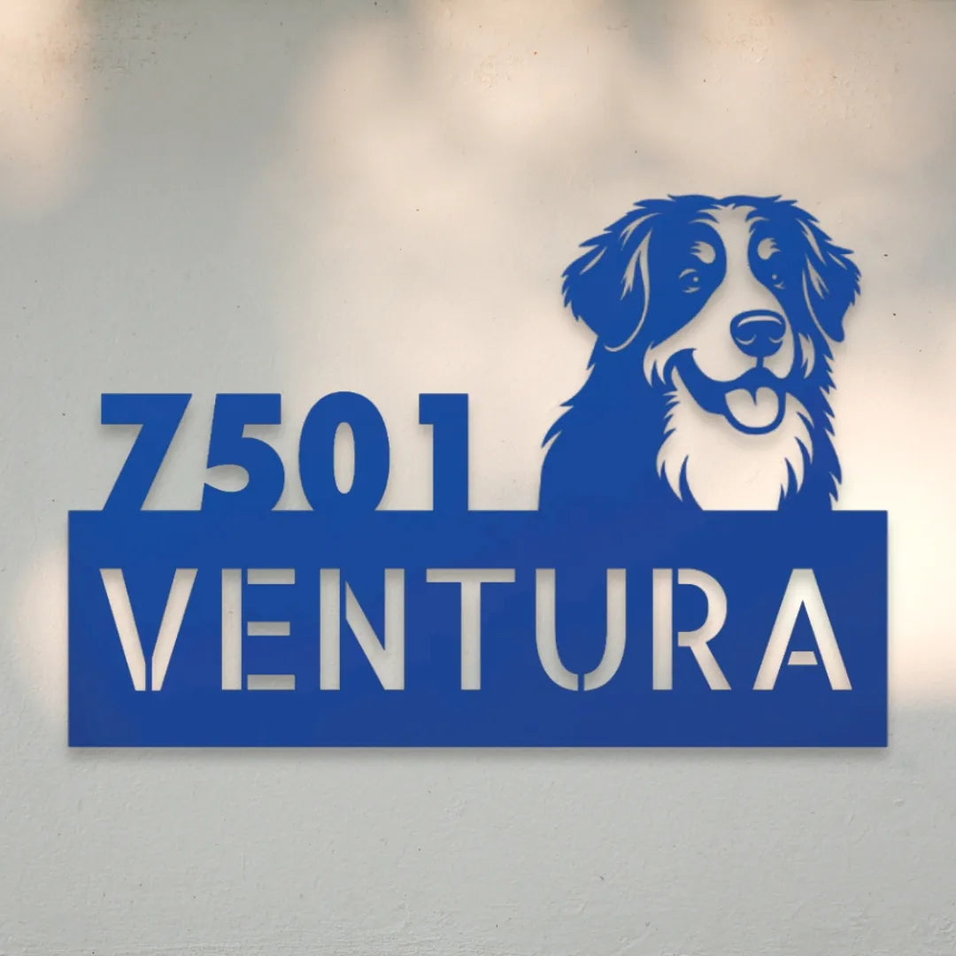 Bernese Mountain Dog Personalized Metal House Number Sign Silhouette in Blue - Custom Dog Wall Art