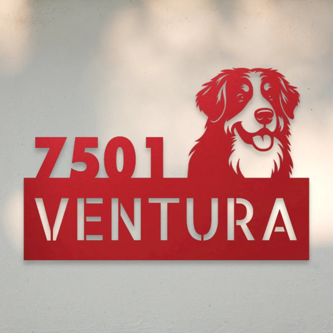 Bernese Mountain Dog Personalized Metal House Number Sign Silhouette in Red - Custom Dog Wall Art
