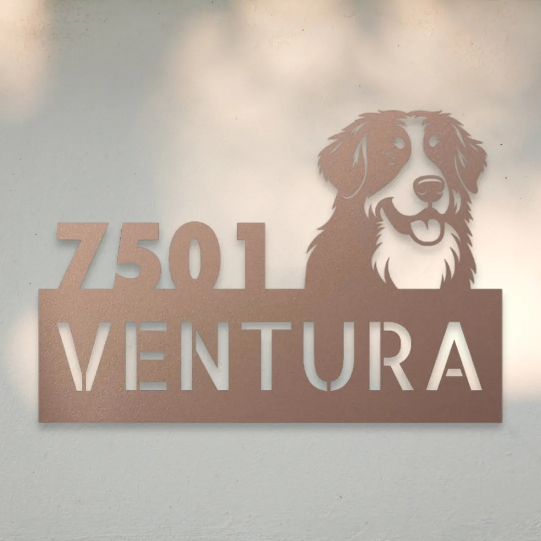 Bernese Mountain Dog Personalized Metal House Number Sign Silhouette in Rose - Custom Dog Wall Art