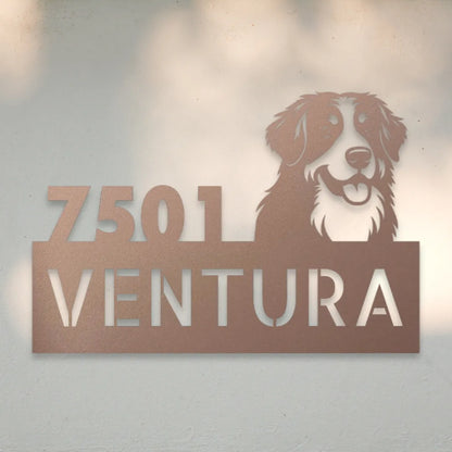 Bernese Mountain Dog Personalized Metal House Number Sign Silhouette in Rose - Custom Dog Wall Art