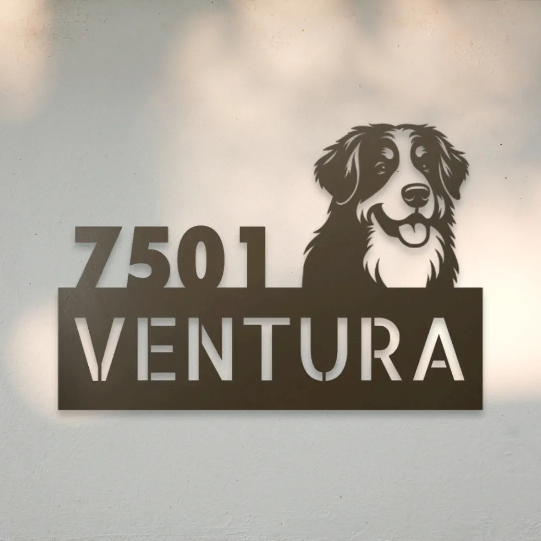 Bernese Mountain Dog Personalized Metal House Number Sign Silhouette in Stone - Custom Dog Wall Art