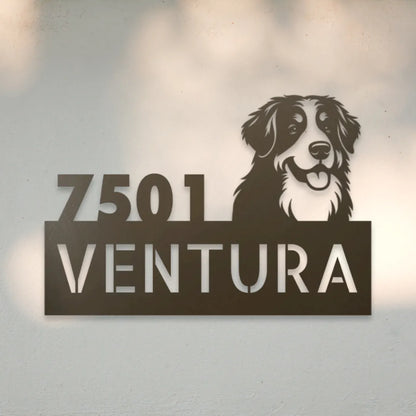 Bernese Mountain Dog Personalized Metal House Number Sign Silhouette in Stone - Custom Dog Wall Art
