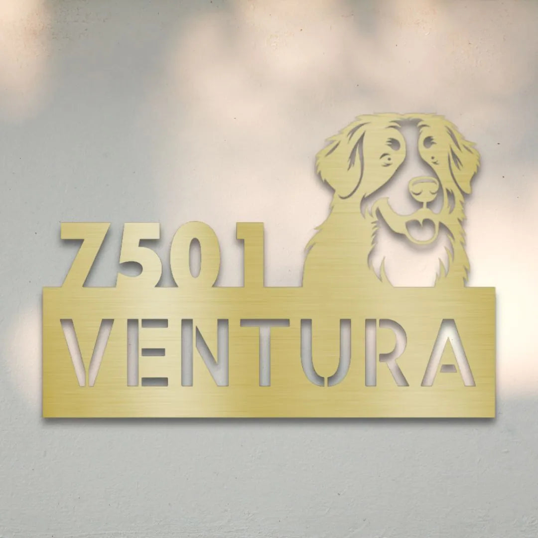 Bernese Mountain Dog Personalized Metal House Number Sign Silhouette in Gold - Custom Dog Wall Art