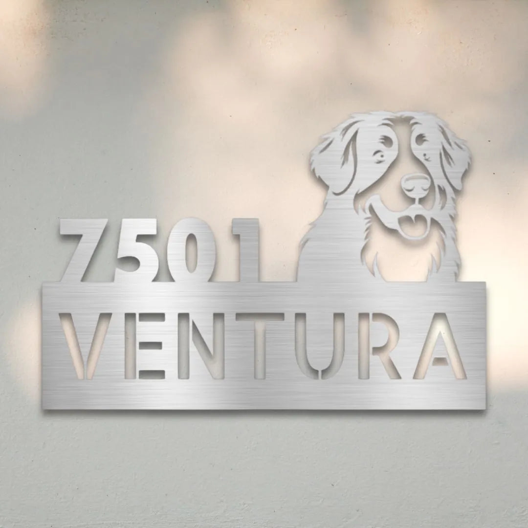 Bernese Mountain Dog Personalized Metal House Number Sign Silhouette in Silver - Custom Dog Wall Art