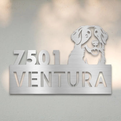 Bernese Mountain Dog Personalized Metal House Number Sign Silhouette in Silver - Custom Dog Wall Art