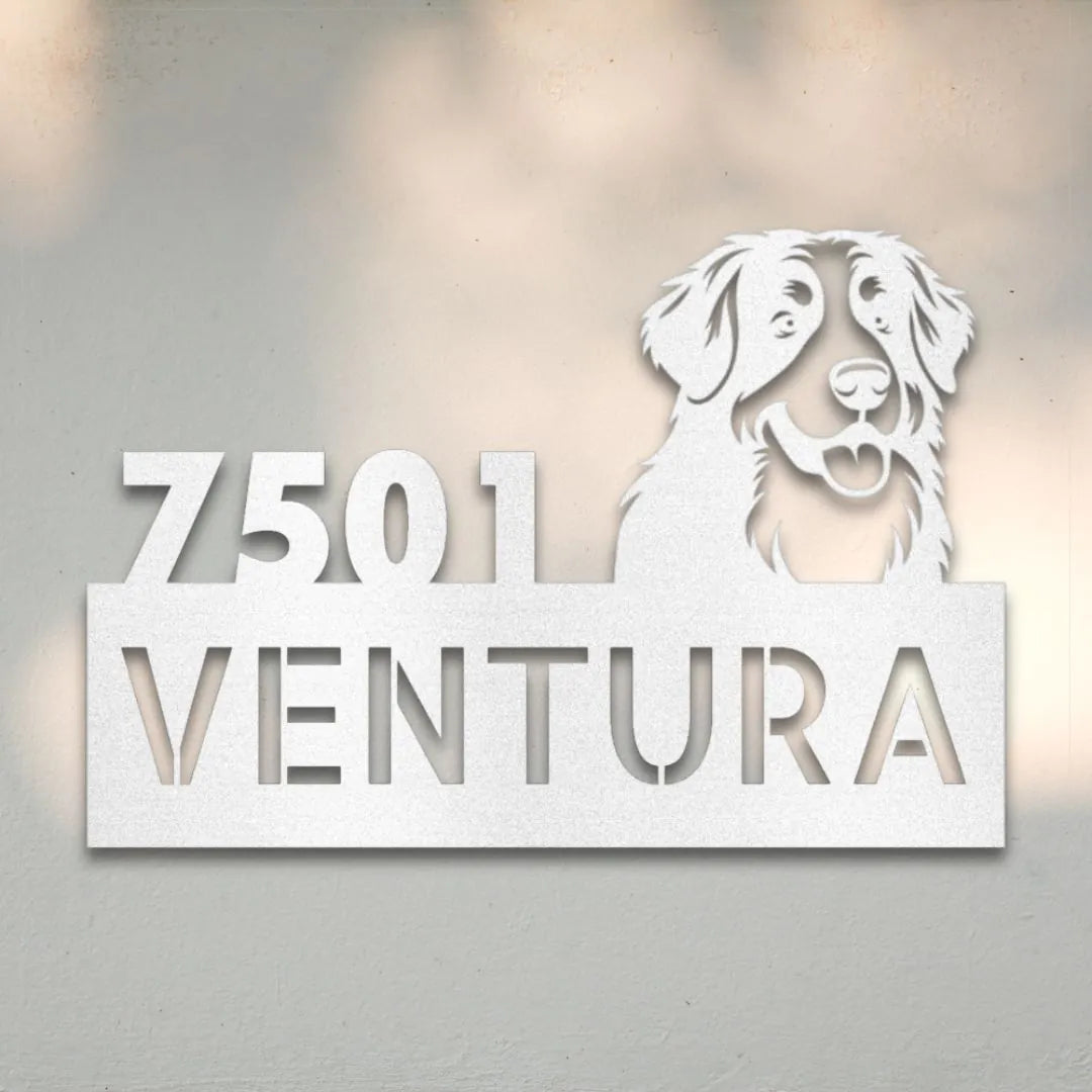 Bernese Mountain Dog Personalized Metal House Number Sign Silhouette in White - Custom Dog Wall Art