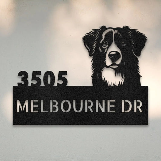 Border Collie Personalized Metal House Number Sign Silhouette in Black - Custom Dog Wall Art