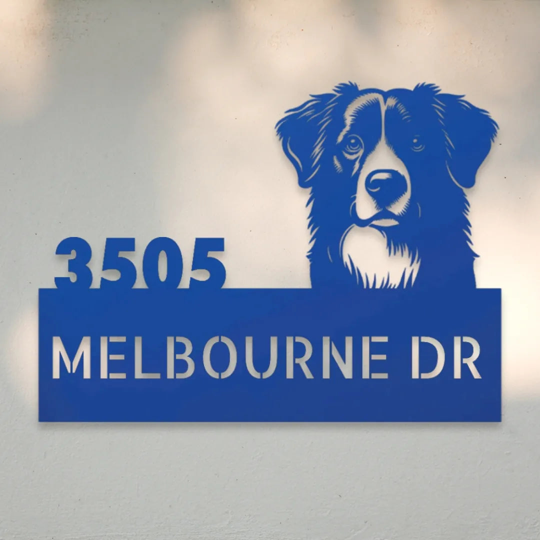 Border Collie Personalized Metal House Number Sign Silhouette in Blue - Custom Dog Wall Art