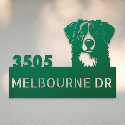 Border Collie Personalized Metal House Number Sign Silhouette in Green - Custom Dog Wall Art