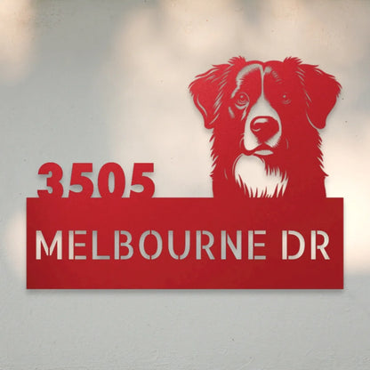 Border Collie Personalized Metal House Number Sign Silhouette in Red - Custom Dog Wall Art