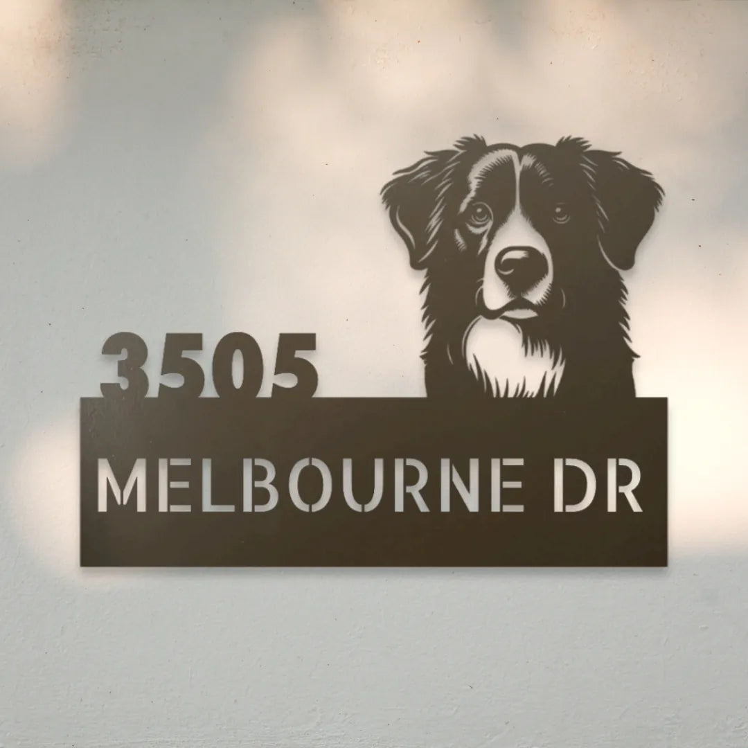 Border Collie Personalized Metal House Number Sign Silhouette in Stone - Custom Dog Wall Art