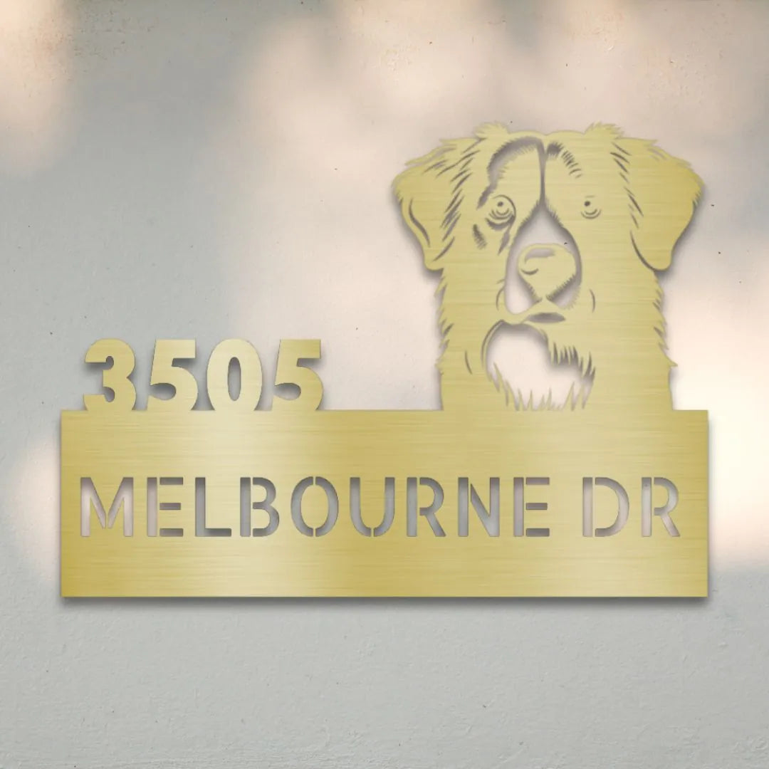 Border Collie Personalized Metal House Number Sign Silhouette in Gold - Custom Dog Wall Art