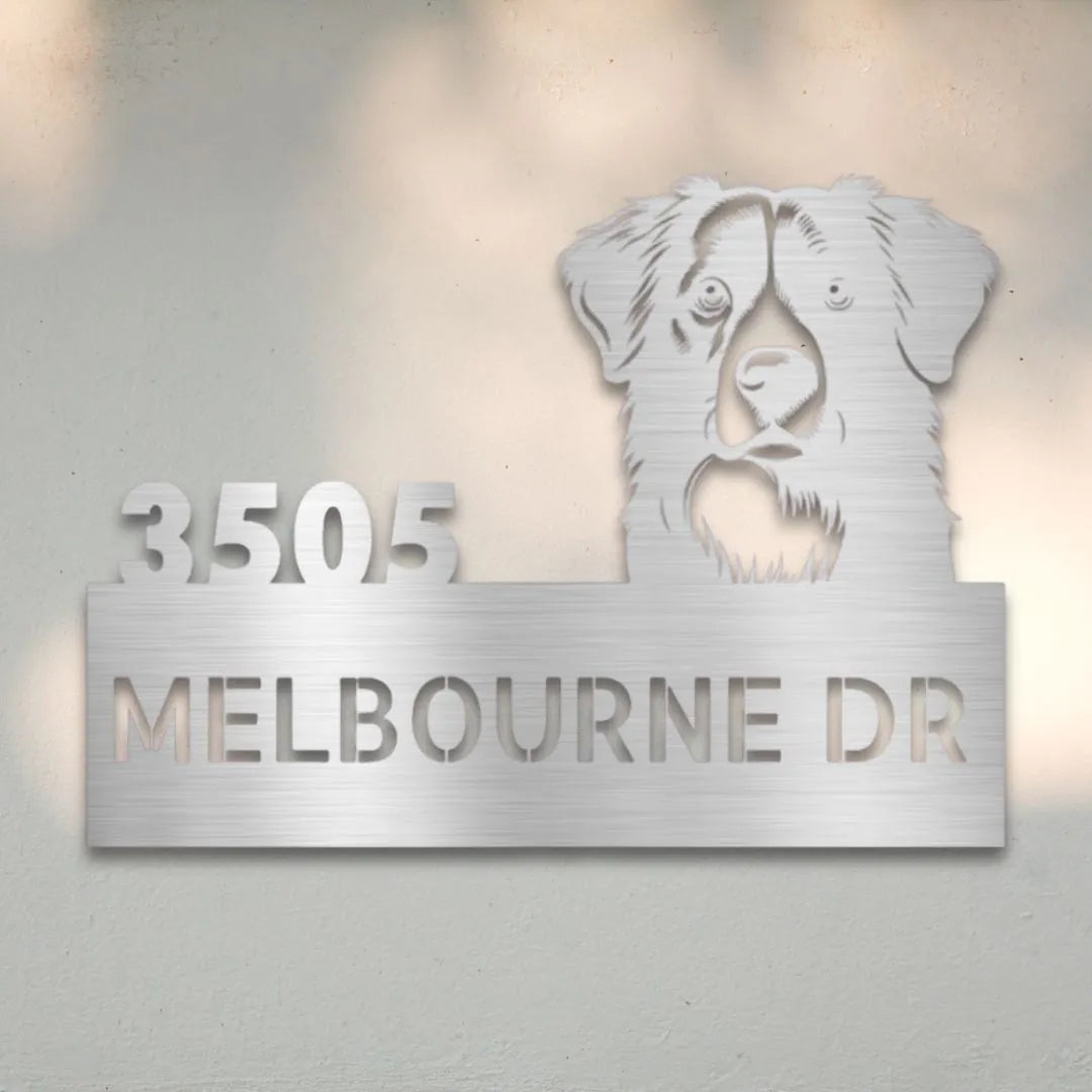 Border Collie Personalized Metal House Number Sign Silhouette in Silver - Custom Dog Wall Art