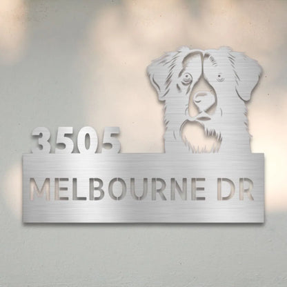 Border Collie Personalized Metal House Number Sign Silhouette in Silver - Custom Dog Wall Art