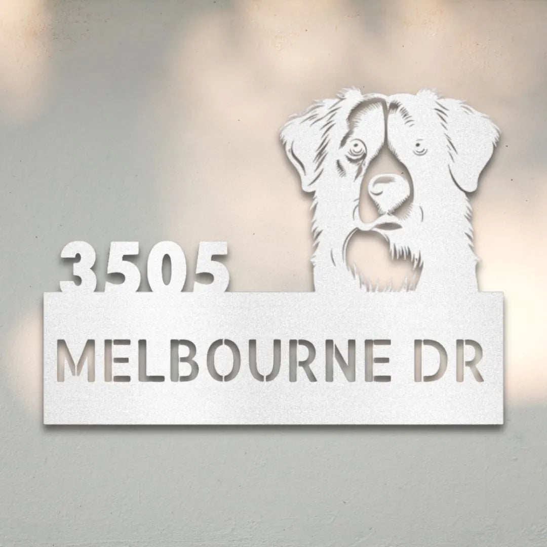 Border Collie Personalized Metal House Number Sign Silhouette in White - Custom Dog Wall Art