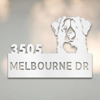 Border Collie Personalized Metal House Number Sign Silhouette in White - Custom Dog Wall Art