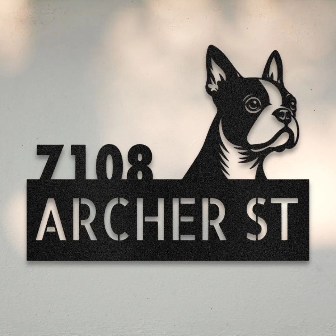 Boston Terrier Personalized Metal House Number Sign Silhouette in Black - Custom Dog Wall Art