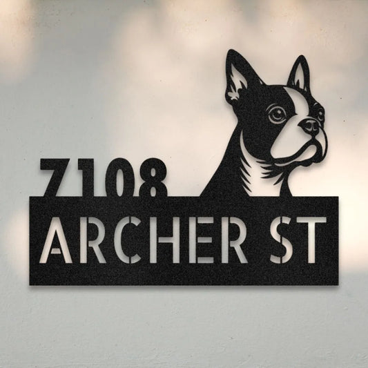 Boston Terrier Personalized Metal House Number Sign Silhouette in Black - Custom Dog Wall Art